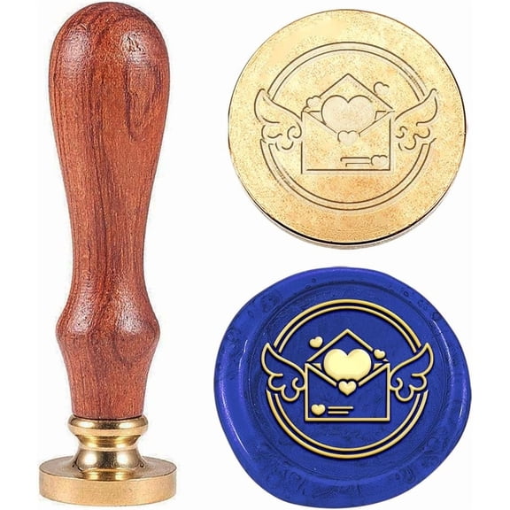 1pc Vintage Mail Envelopes Wax Seal Stamp Wings Heart Sealing Wax Stamps 25mm Removable Brass Stamp Head with Wooden Handle for Invitations Wedding Embellishment Bottle Decoration diy
