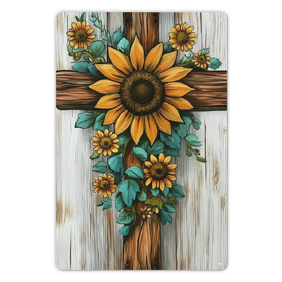 1pc Vintage Metal Sign - Distressed Finish, Sunflower Cross Design, Rustic Decorative Sign - Compact 2030cm, Perfect for Garage, Man Cave, Home Decor, Unique Gift Idea 8x12in