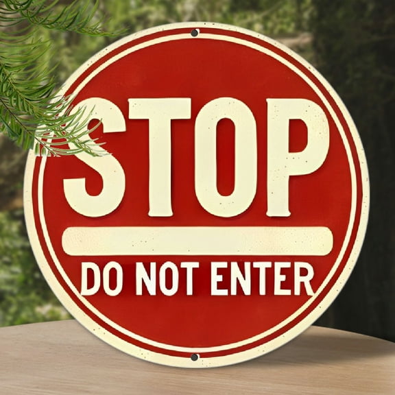1pc Vintage Metal Sign, "Stop Do Not Enter" Warning, Classic Red Aluminum Round Poster, Retro Wall Art for Bar, Cafe, Beach House, Backyard, Safety and Decorative, 7.8x7.8 inch, 2D, Perfect for Room