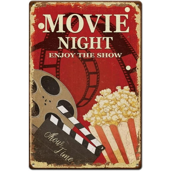 1pc Vintage Metal Tin Sign 11.81x7.87 Inches Retro Iron Movie Night Sign Rusty Look Enjoy The Show with Popcorn Poster for Cinema Cafe Bar Pub Beer Club Wall Home Decor colorful