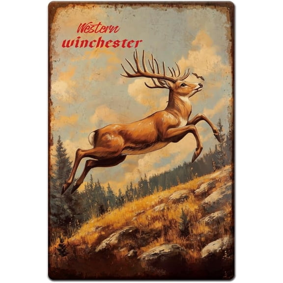 1pc Vintage Metal Tin Sign 11.81x7.87 Inches Retro Iron Western Winchester Deer Sign Rusty Look Deer Plaque Poster for Home Office Kitchen Bar Cafe Garden Wall Decor