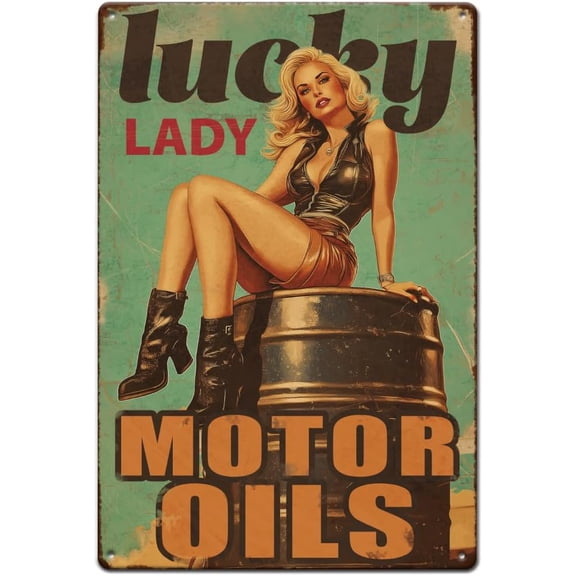 1pc Vintage Metal Tin Sign 11.81x7.87 Inches Retro Lucky Lady Sign Rusty Look Motor Oil Gas Service Garage Poster for Home Office Kitchen Bar Cafe Garden Wall Decor Mixed Color