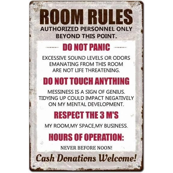1pc Vintage Metal Tin Sign 12x8 inch Funny Room Rules Sign Gaming Room Door Decor Dorm Wall Accessories with 4 Pre-Drilled Holes DIY for Teen Home Wall Decor