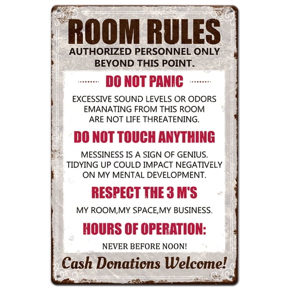 1pc Vintage Metal Tin Sign 12x8 inch Funny Room Rules Sign Gaming Room Door Decor Dorm Wall Accessories with 4 Pre-Drilled Holes