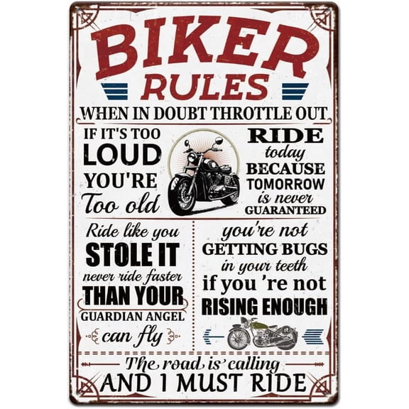 1pc Vintage Metal Tin Sign 12x8 inch Retro Iron Biker Rules Rusty Look Motorcycle Decor Poster for Garages Petrol Stations Home Wall Art Decorations