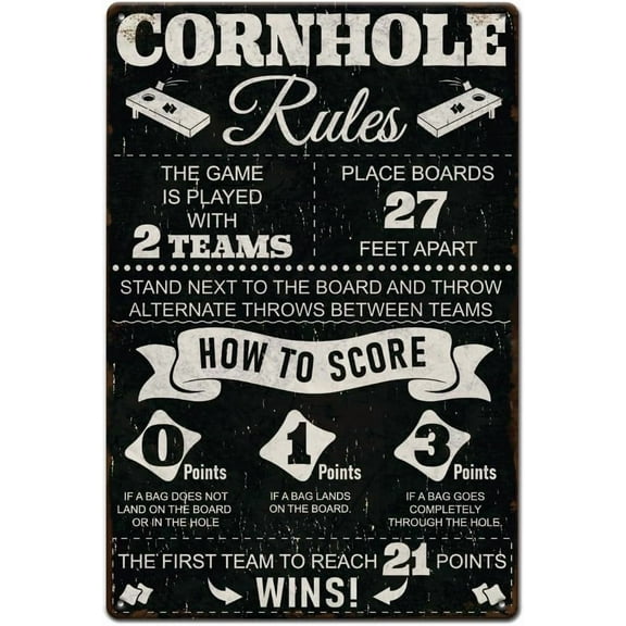 1pc Vintage Metal Tin Sign 12x8 inch Retro Iron Cornhole Rules Sign Rusty Look Games Cornhole Poster for School Classroom Park Yard Home Wall Art Decorations