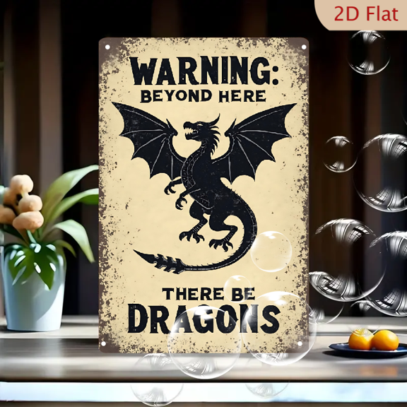 1pc Vintage Metal Tin Sign, 8x12 Inches, Warning Beyond Here There Be Dragons Decorative Plaque, Retro Fantasy Dragon Wall Art, Humorous Mythical Creature Decor, Ideal for Game Room, Man Cave