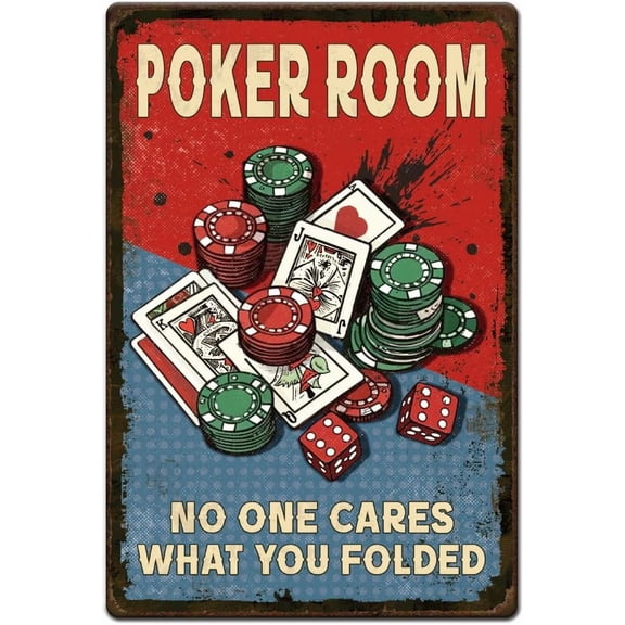 1pc Vintage Metal Tin Sign 8x12 inch Poker Room No One Cares What You Folded Poster Retro Iron Poker Dice Signs for Home Game Room Cafes Bars Pub Man Cave Wall Decor Black