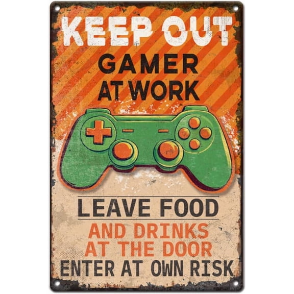 1pc Vintage Metal Tin Sign 8x12 inch Retro Iron Gamer Room Sign Rusty Look Keep Out Gamer At Work Poster for Home Gamer Room Gaming Clubs Men Cave Wall Decor