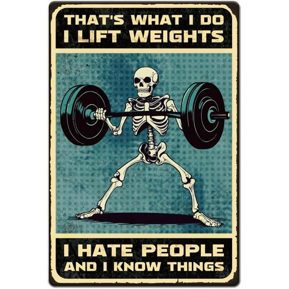 1pc Vintage Metal Tin Sign 8x12 inch Retro Skull Gym Sign Rust Look That's What I Do I Lift Weights Tin Sign Lifting Room Wall Decor for Home Gymnasium Gym Weight