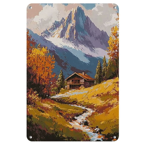 1pc Vintage Metal Tin Sign 8x12 inches, Frameless Scenic Autumn Landscape Wall Art, Rustic Home, Office, Cafe & Bar Decor, Easy Installation with Affix Options