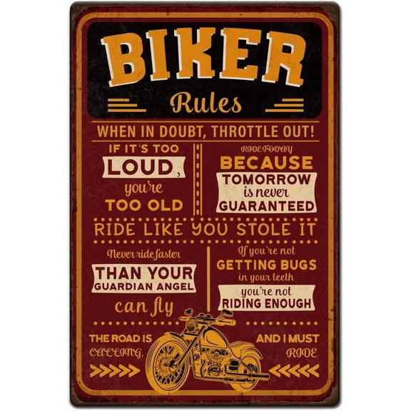 1pc Vintage Metal Tin Signs 12x8 inch Biker Rules Metal Signs When in Doubt Throttle Out Plaque Poster Motorcycle Wall Decor for Home Restaurant Bar Coffee Shop Garage Decor