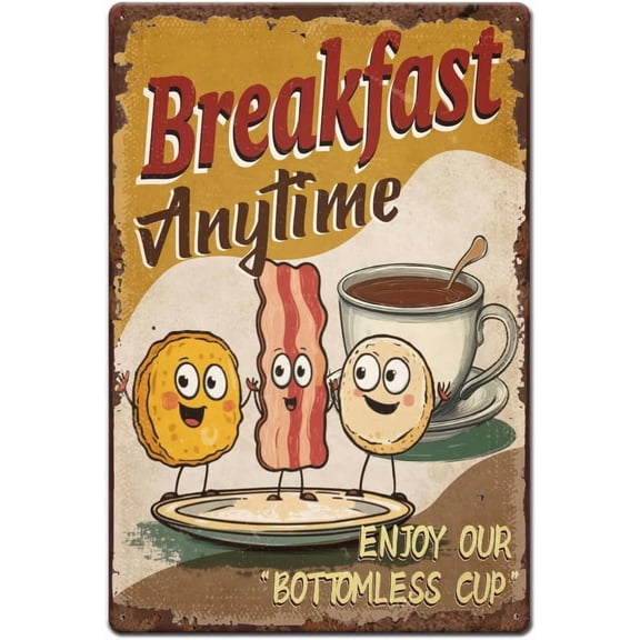 1pc Vintage Metal Tin Signs 8x12 inch Retro Iron Funny Breakfast Sign Rusty Look Breakfast Anytime Coffee Diner Poster