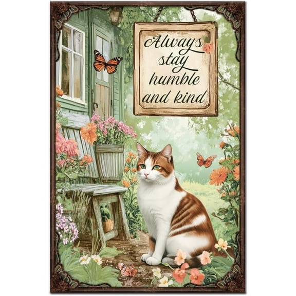 1pc Vintage Metal Tin Signs 8x12 inch Retro Iron Garden Cat Sign Rusty Look Always Stay Humble and Kind Poster for Home Country Farmhouse Garden Kitchen Wall Decor Multi-color