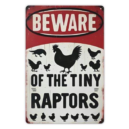 1pc Vintage Metal Tin Warning Sign "Beware Of The Tiny Raptors" - 8 x 12 Inch Rustic Wall Decor for Outdoor Farm, Patio, Chicken Coop, or Enclosure