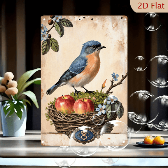 1pc Vintage Metal Wall Art, 8x12 Inches, Eastern Bluebird in Nest with Apples and Flowers Decorative Sign, Nostalgic Botanical Print for Home, Garden, Cafe, Holiday