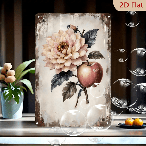 1pc Vintage Metal Wall Art, 8x12 Inches, Pale Pink Dahlia with Golden-Brown Center & Red Apple, Dark Blue Green Leaves, Distressed Aged Background, Retro Antique Floral Wall Decor for Outdoor