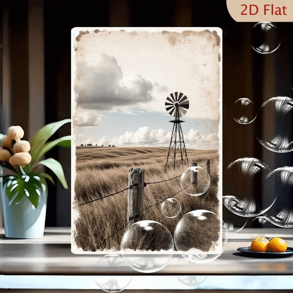 1pc Vintage Metal Wall Art, 8x12 Inches, Sepia Rural Landscape with Windmill and Dry Grass, Distressed Texture Farmhouse Decor for Living Room, Bedroom, Kitchen, Cafe, Holiday Gift