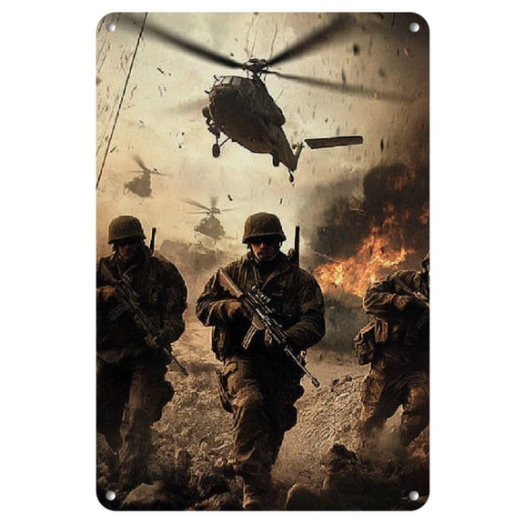 1pc Vintage Military Combat Scene Metal Tin Sign, 8x12 Inch Frameless Wall Art, Perfect for Man Cave, Bar, Office, or Garage Decor