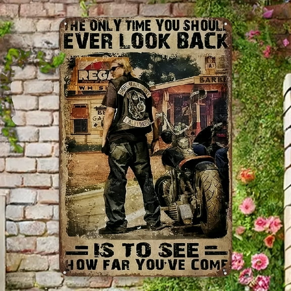 1pc Vintage Motorcycle Metal Tin Sign Wall Art - Retro Biker Decor with The Only Time You Should Look Back Quote - Durable Iron Poster for Home, Cafe, Garage, Gym, Motorcycle Accessories Novelty Sign,