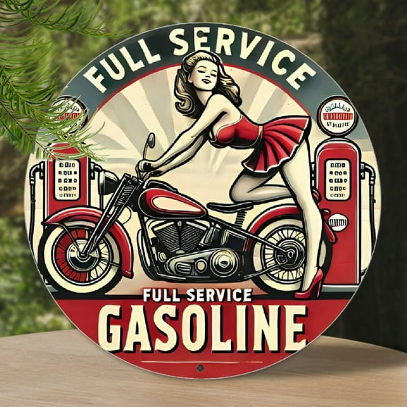 1pc Vintage Motorcycle Pin-Up Girl in Red Dress, 8x8" Round Aluminum Sign - Retro Gas Station Theme Metal Wall, Garage, Bar, Home, Outdoor Signage|Vintage Design|Vibrant Colors, Perfect for Room Decor