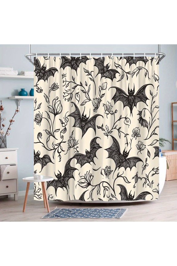 1pc Vintage Mystical Gothic Polyester Shower Curtain Black Bats with Intricate Details, Delicate Flowers on Cream Background, Washable Polyester, 72x72 inch, 12 Hooks Included