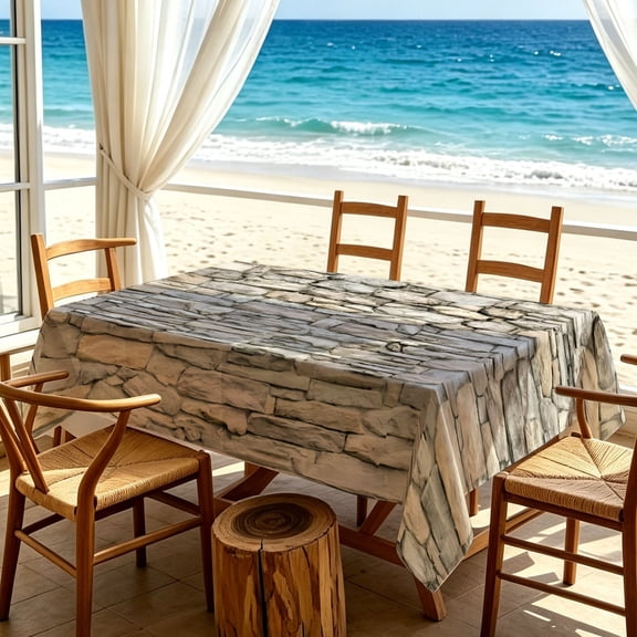 1pc Vintage Natural Stone Wall Pattern Printed Tablecloth, Backyard Modern Farmhouse Festival Dining Tablecloth, Thanksgiving & Christmas Gifts