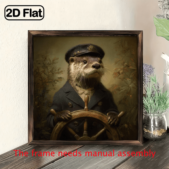 1pc Vintage Nautical Otter Captain Ship Wheel Wall Decor - Maritime Painting - in Antique Wooden Frame - Perfect for Living Room, Office, Bar, Desktop - Cute Captain Otter Art - Rustic Home D