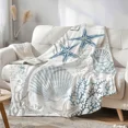 thumbnail image 1 of 1pc Vintage Nautical-Style Starfish & Shell Plush Blanket - Comfortable Lightweight Polyester Blanket In Blue & Cyan Color With Coral Reef Pattern, Hypoallergenic, Machine Washable, 1 of 11