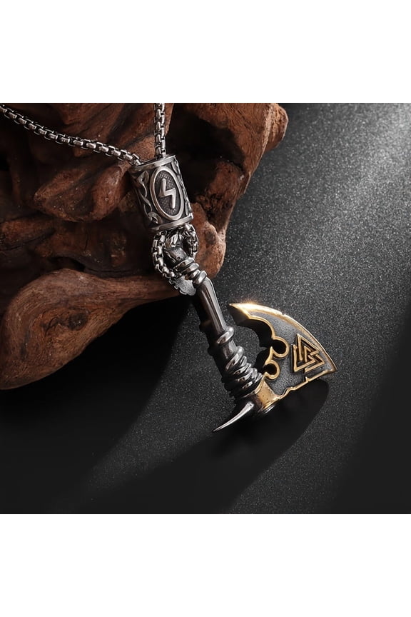 1pc Vintage Nordic Viking Battle Axe Odin Triangle Rune Pendant Necklace Men And Women Punk Lucky Amulet Jewelry Gift,Silver