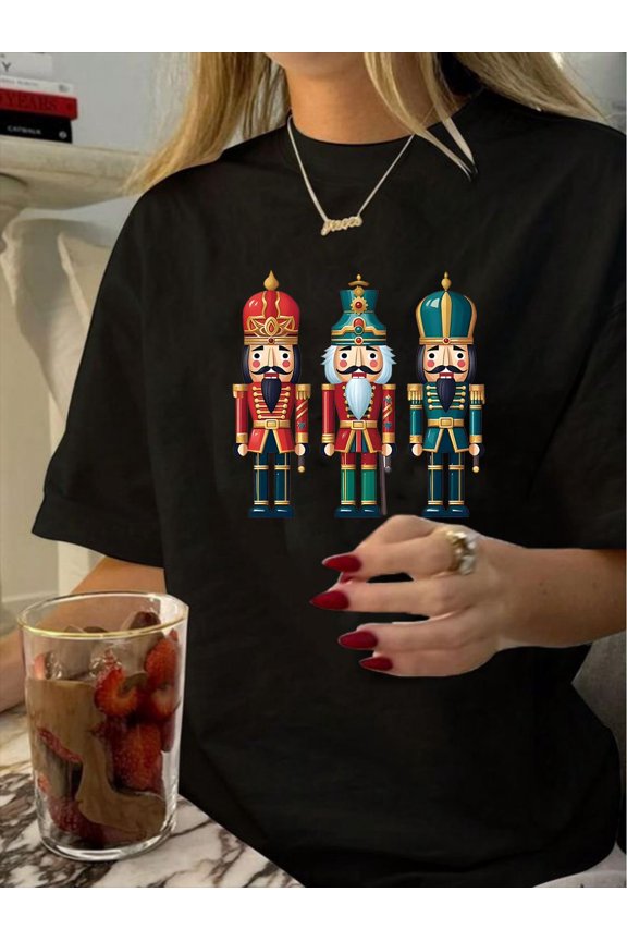 1pc Vintage Nutcracker Print T-Shirt for Women, 100% Polyester Crew Neck Short Sleeve Tee, Geometric Pattern Knit Fabric Top, Casual Summer Fashion