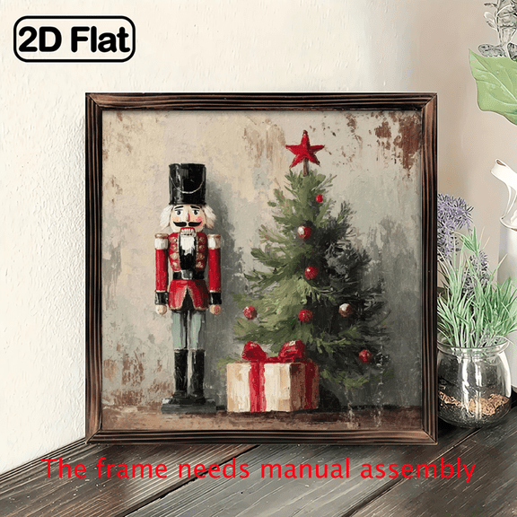 1pc Vintage Nutcracker Soldier Christmas Tree Framed Wooden Wall Art Sign - 8x8 Rustic German-Inspired Horizontal Holiday Painting with Hanging Hook, Red Golden Nutcracker Soldier, Green Tree Gold