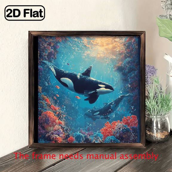 1pc Vintage Ocean Scenery Wooden Sign - 8x8 Inch Rustic Wall Art with Orca Whales and Colorful Marine Life, Motivational Home Decor Gift for Loved Ones, Coastal Home Deco, Decorative Sign, Plaque