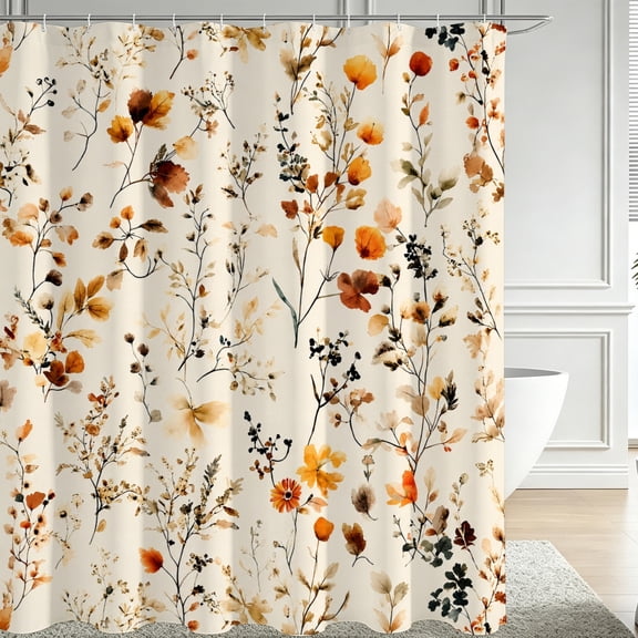 1pc Vintage Orange Fall Wildflower Print Shower Curtain, Autumn Thanksgiving Christmas Decor, Water-Repellent Quick-Dry Polyester Bath Curtain with Hooks, 70.8x70.8