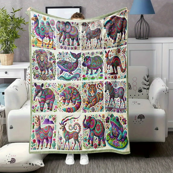 1pc Vintage Patchwork Flannel Blanket - Soft All-Season Throw with Elephant, Giraffe, Zebra, Lion, Tiger, Monkey, Rhino, Crocodile, Hippo, Owl, Hippo Patterns - Cozy Bedspread, Sofa, Nap, or Home Dec