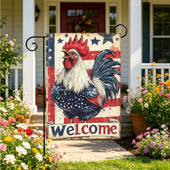 Vintage Patriotic Rooster Welcome Garden Flag, Double Sided 2D, 12x18 Inch No Flagpole, 4th of July Farmhouse Yard Decor