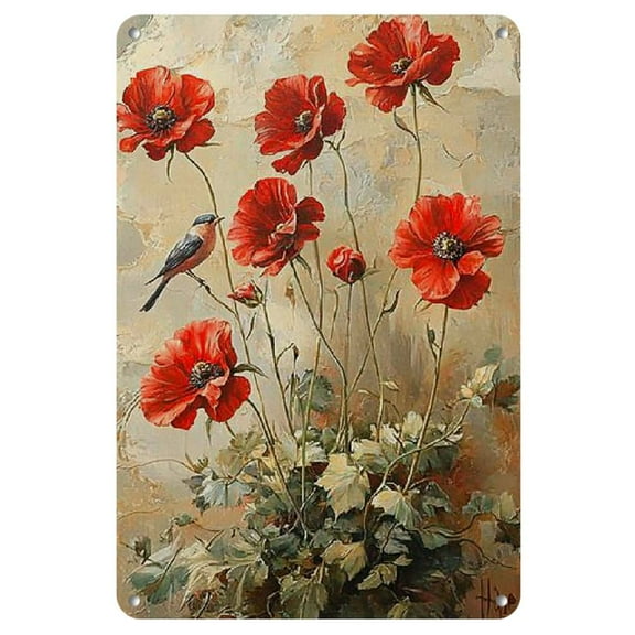 1pc, Vintage Peace & Poppy Flowers Iron Wall Art - 8x12" Metal Sign for Garage, Cafe, Bar, or Living Room Decor, Perfect for Room Decor