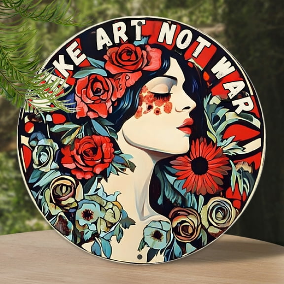 1pc Vintage Peace Rose Girl Aluminum Art Wall Decor Sign - 'Make Art Not War', Retro Tin Wall Decoration - For Garage, Farmhouse, Shop, Porch, Living Room, Bedroom, Garden, Patio