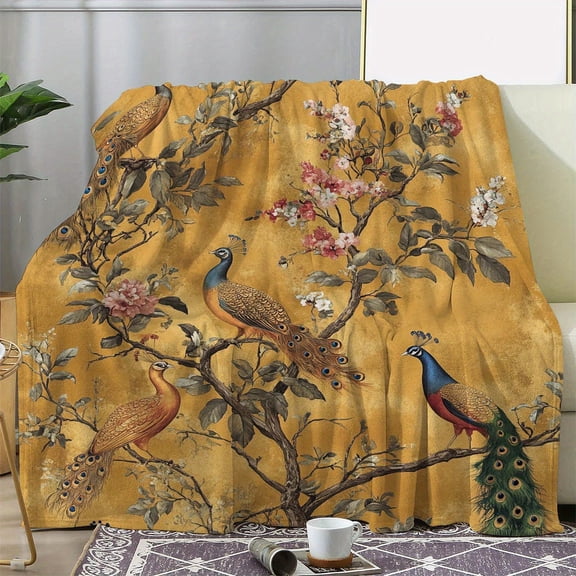[1pc Vintage Peacock Floral Print Throw Blanket] 1pc Vintage Peacock Floral Print Fleece Throw Blanket - Soft Cozy Knitted Polyester Cover for Sofa, Bed, Office
