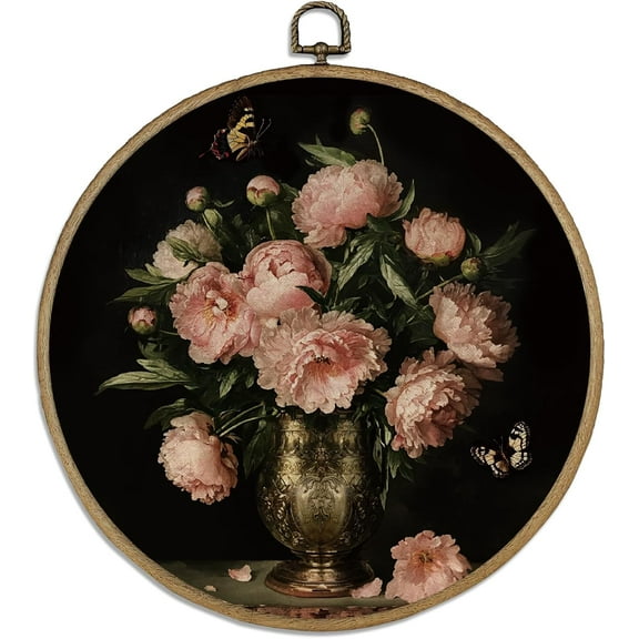 1pc Vintage Peony Round Wall Art Decor 10" Framed Canvas Wall Art Wall Medieval Decor with Vintage Hooks Hanging Artwork Prints for Wall Room Door Bedroom Living Room Porch Colorful