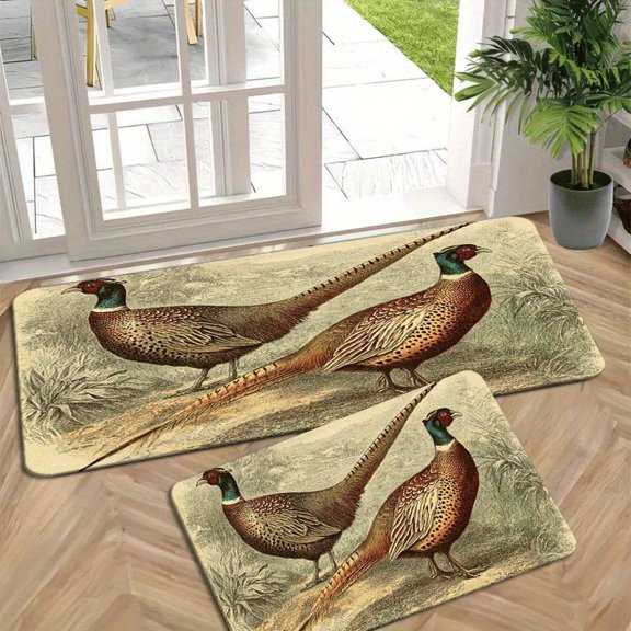 1pc Vintage Pheasant Carpet - Male & Female Bird Soft Flannel, Machine-Washable Rectangular Mat Suitable for Bedroom, Living Room, Kitchen, Bathroom - Luxury Wildlife Decor