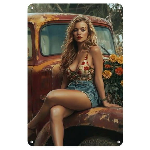 1pc Vintage Pin-Up Girl Metal Tin Sign, 8x12 inches Retro Sexy Illustration Wall Art, Frameless Iron Decorative Plaque for Home, Man Cave, Garage, Cafe, Bar, Club