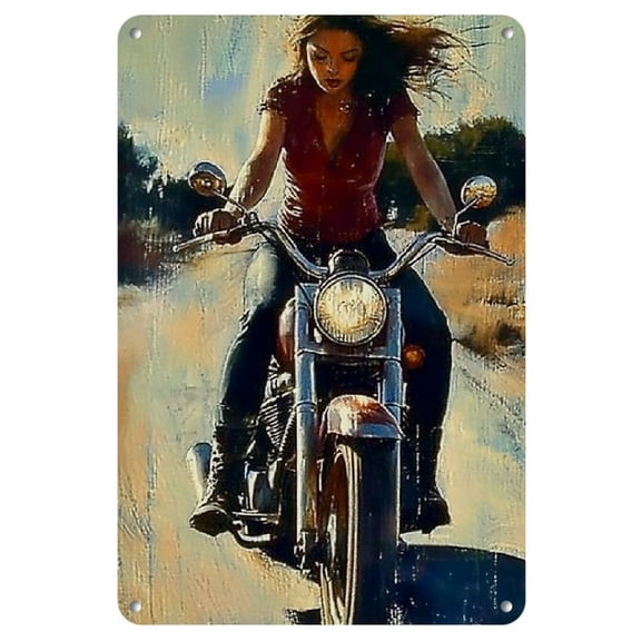 1pc Vintage Pin-Up Motorcycle Metal Wall Art - Classic Red Bike & Blonde Woman Scene, Nostalgic Tin Sign Poster for Home, Office, Bar Decor - Durable, Easy to Hang, Garage Artwork|Retro Wall Art