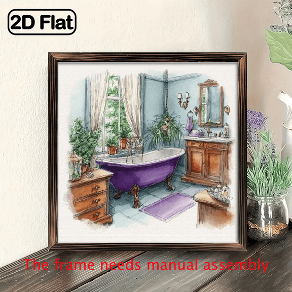 1pc Vintage Purple Bathtub Painting Art Wooden Framed Wall Decor - Rustic Farmhouse Style 8x8 Inch Elegant Bathroom Sign for Home, Bedroom, Porch, Cafe, Bar - Reusable IndoorOutdoor Decoration