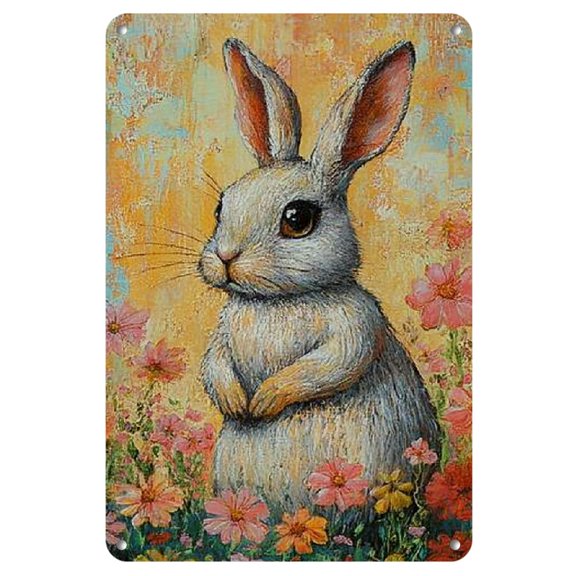 1pc Vintage Rabbit & Flowers Iron Wall Art Sign - 8x12 Inch, Peace-Themed Metal Decor for Home, Cafe, Bar, Club | Rustic Garage Wall Plaque with Colorful Floral Design, Rabbit Decor, 2D