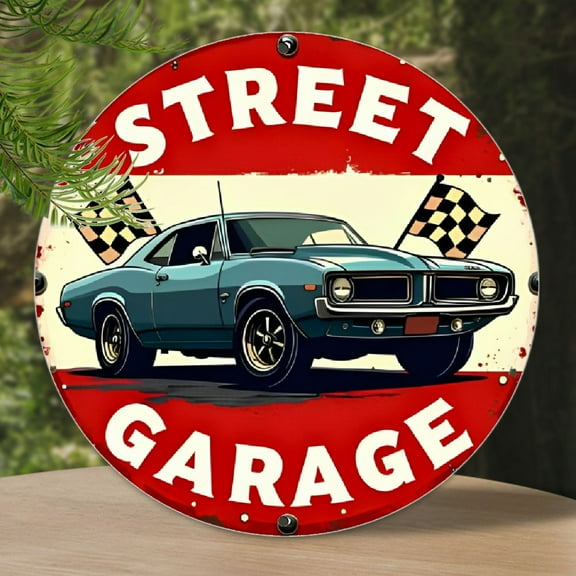 1pc Vintage Racing Car Round Aluminum Sign, Blue Car Metal Wall Art, Retro Rustic Decor for Home, Garage, Dining Room, Cafe, Artist Drawing Set