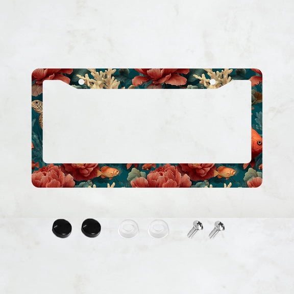1pc Vintage Red Coral Fish Pattern 2 Hole License Plate Frame Aluminum Material 12x6 Inches with Screw Set Car Decoration Gift Novelty Design American Standard Universal Size for Car Plates