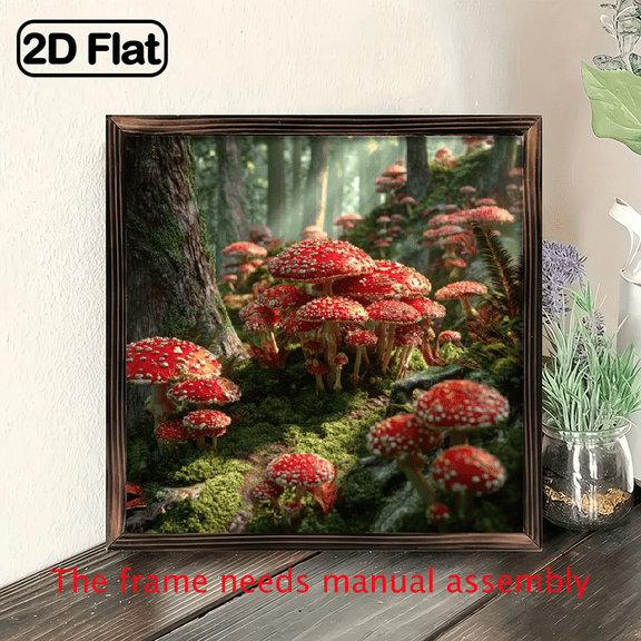 1pc Vintage Red Mushrooms Wooden Framed Wall Art 8x8 Inch Rustic Recycled Wood Sign with Enchanted Forest Scene, Nature-Inspired Home Decor for Living Room, Office, Perfect Gift for Family Friends