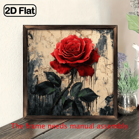 1pc Vintage Red Rose Wooden Framed Wall Art - 8x8 Inch Rustic Recycled Wood Sign, Home Decor for Living Room, Office, Perfect Gift for Family Friends, Wooden Decor, Office Artwork