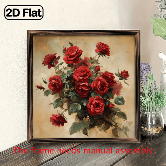 1pc Vintage Red Roses Painting Wall Art - Elegant Floral Bouquet in Wood Frame, 8x8inch Retro Botanical Table Sign Suitable for Wedding, Anniversary Gift.